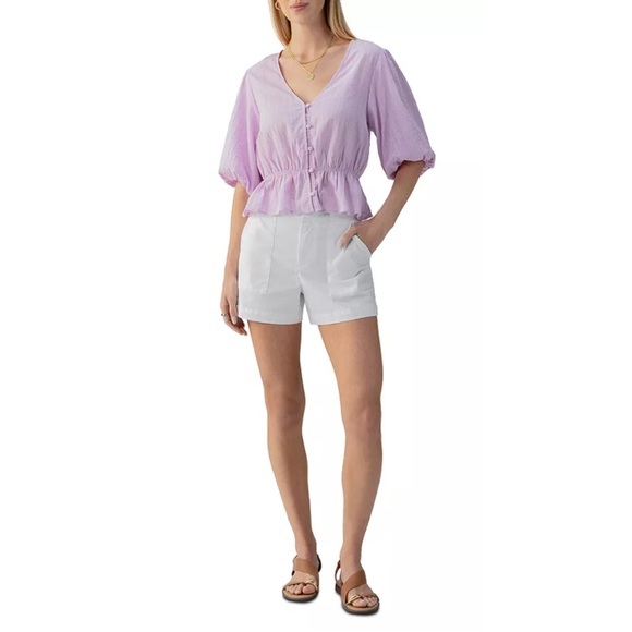 Sanctuary Eyelet Button Front Peplum Blouse – Size L | Purple Puff Sleeve Top - Picture 1 of 5